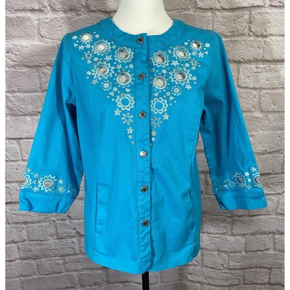 Bob Mackie Jackets & Blazers - Bob Mackie Cut Out Jacket Womens Small Turquoise Blue Silver Wearable Art 9428
